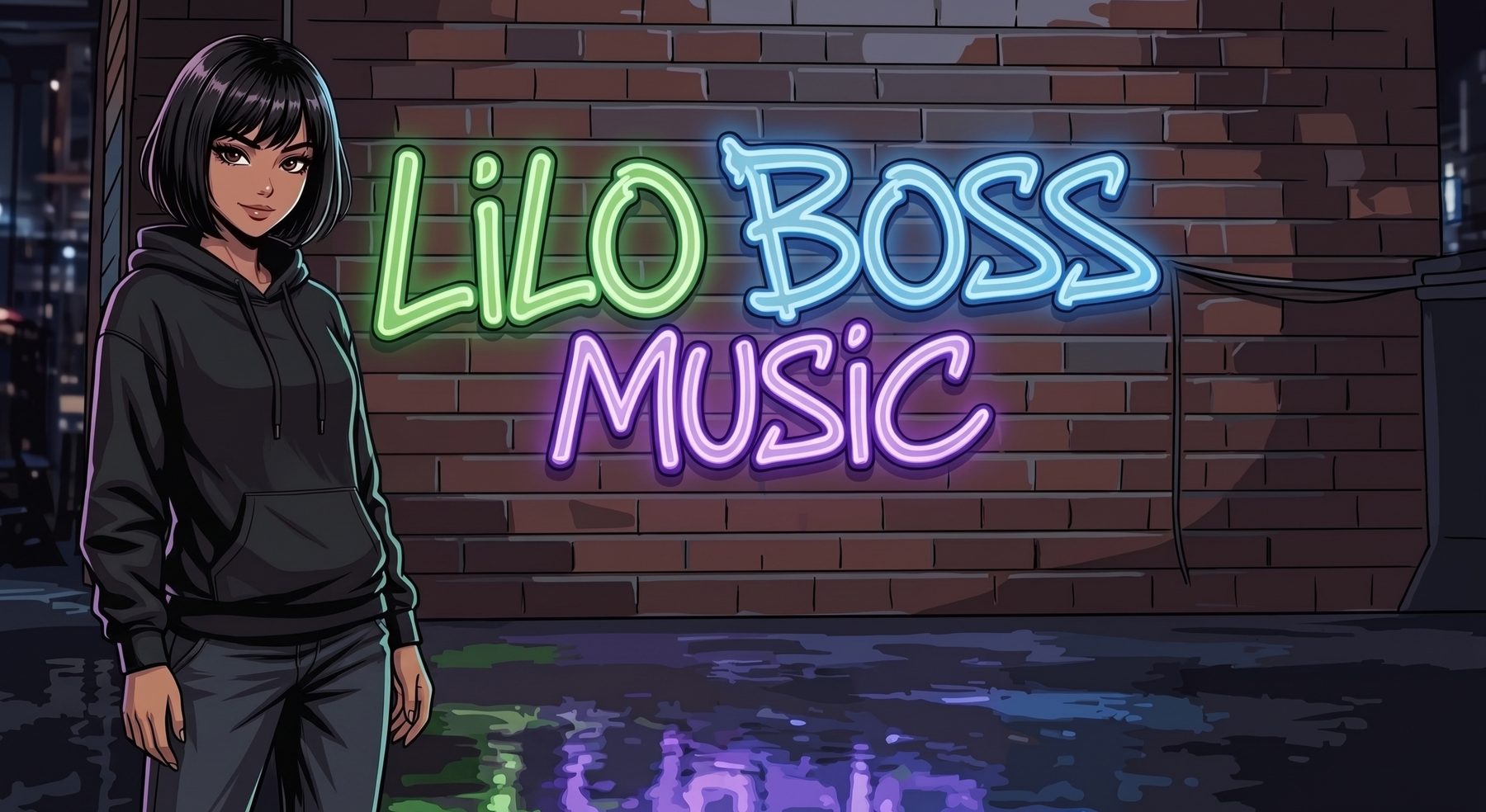Lilo Boss Music: letrero de neón verde, celeste y violeta sobre una pared de ladrillo, junto a la ilustración de Lilo Boss con buzo negro